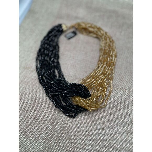 Bohemian Glass Vintage Seed Beaded Black & Gold Looped Necklace - Picture 3 of 5
